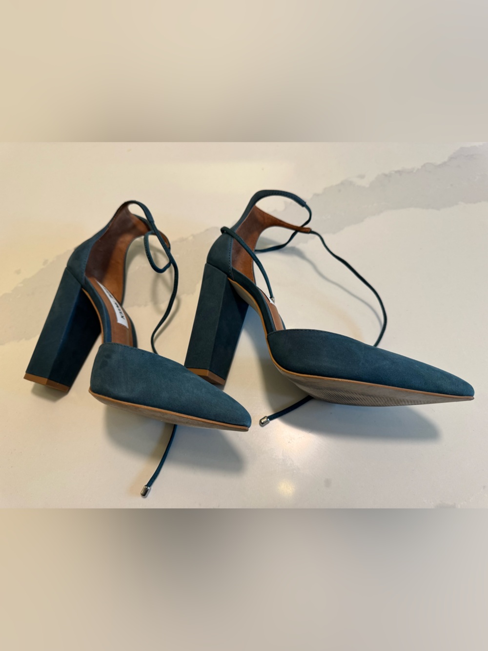 Steve Madden Teal Suede Block Heel Ankle-Tie Pumps
